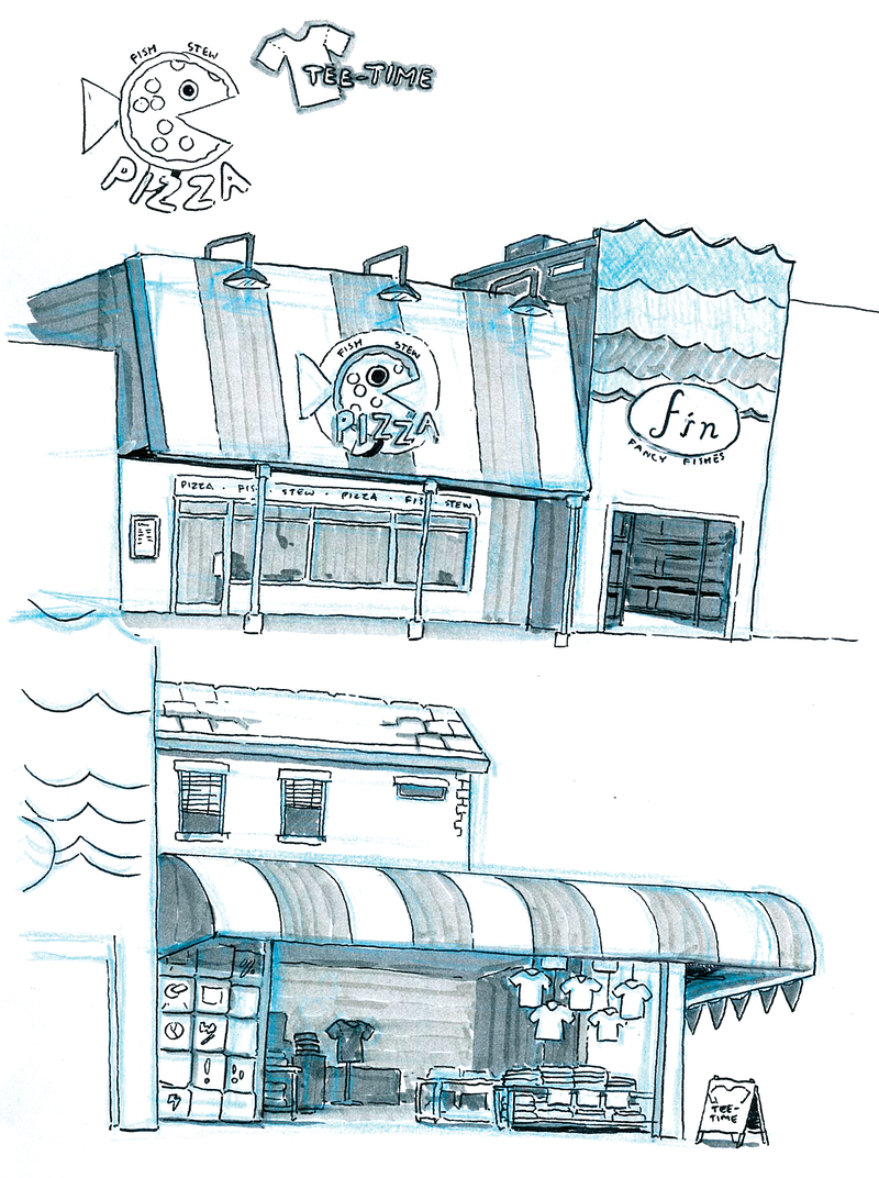 Steven Sugar’s development drawings of proposed Beach City locations, including It’s a Fold, Fish Stew Pizza, Big Donut, Beach Citywalk Fries, Kone ‘n’ Son, and Tee Time.